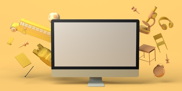 Zdjęcie koncepcja edukacji online z ekranem komputera z pływającymi obiektami edukacyjnymi ilustracja 3d