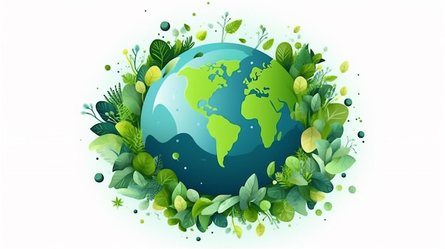 Koncepcja ekologiczna z planetą Ziemią i zielonymi liśćmi na białym tle