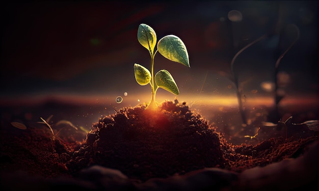 Koncepcja ekologii sadzonki rosną z bogatej gleby do generatywnej AI porannego światła słonecznego