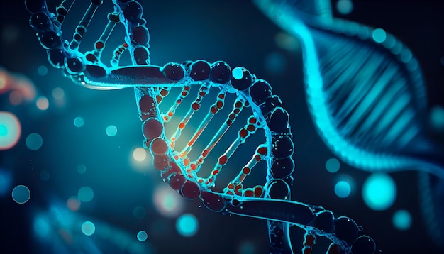 Koncepcja ewolucji ludzkiego DNA w odległej przyszłości Widok pod mikroskopem Niebieskie tło helisy zbliżenie Generative AI ilustrator