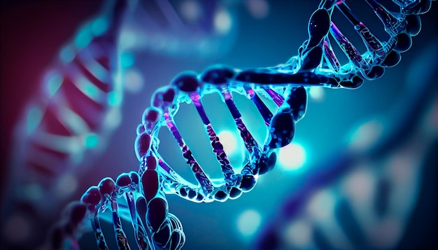 Koncepcja ewolucji ludzkiego DNA w odległej przyszłości Widok pod mikroskopem Zbliżenie tła niebieskiej helisy Generatywne ai
