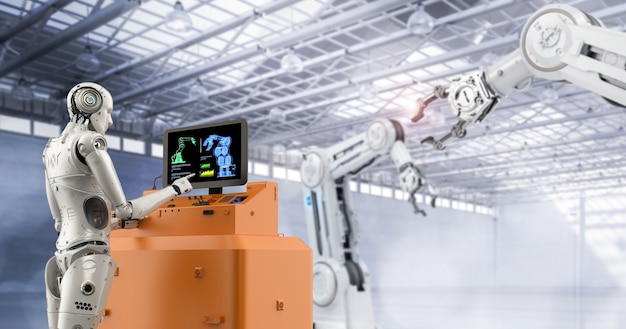 Koncepcja fabryki automatyzacji z cyborgiem renderującym 3d w fabryce