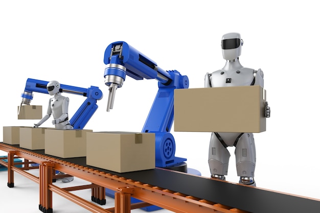 Koncepcja fabryki automatyzacji z linią montażową robota renderującego 3d i przenośnikiem taśmowym