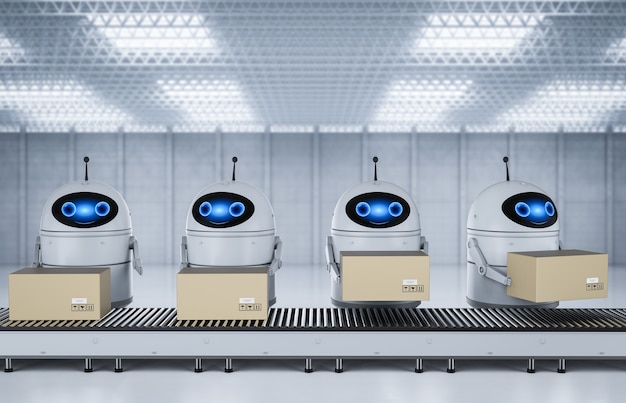 Koncepcja fabryki automatyzacji z robotem renderującym 3d z pudełkami na linii przenośnika w fabryce