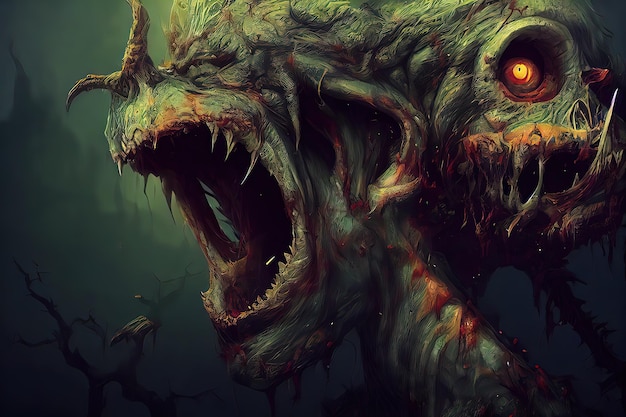 Koncepcja fantasy portret zębatego zombie cyfrowego stylu sztuki ilustracji malarstwa