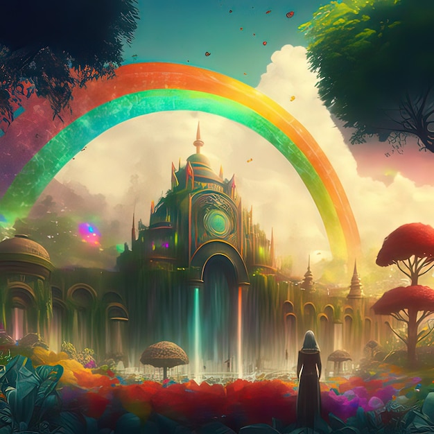 Koncepcja fantasy przedstawiająca dużą kolorową tęczę w zaczarowanym ogrodzie fantasy Malarstwo cyfrowe