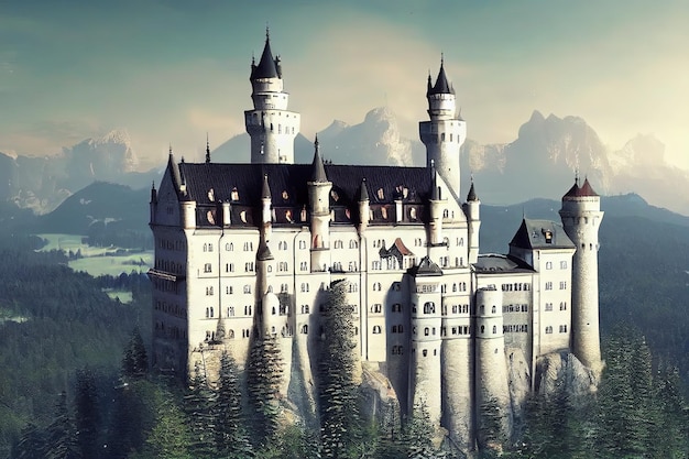 Koncepcja fantasy przedstawiająca zamek Neuschwanstein Niemcy Wspaniały dawny zamek króla