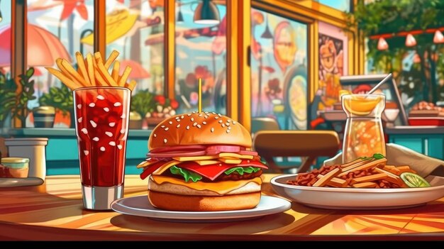 Koncepcja fast food Hamburgery frytki napoje na stoliku w kawiarni Generacyjna sztuczna inteligencja