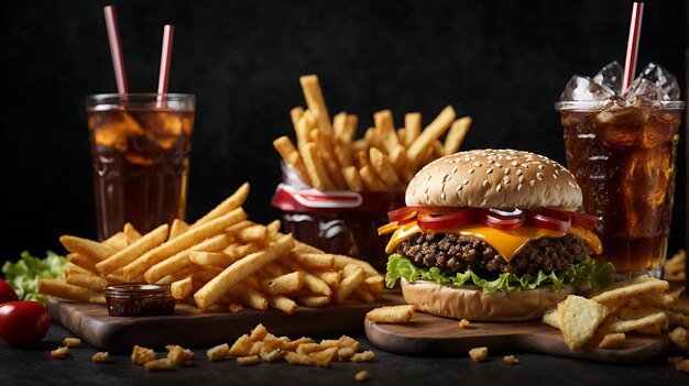 Koncepcja fast food z tłustą smażoną restauracją z burgerami i hot dogami z frytkami