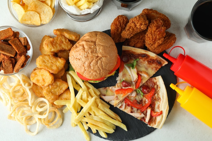 Zdjęcie koncepcja fast foodów na białym stole z teksturą