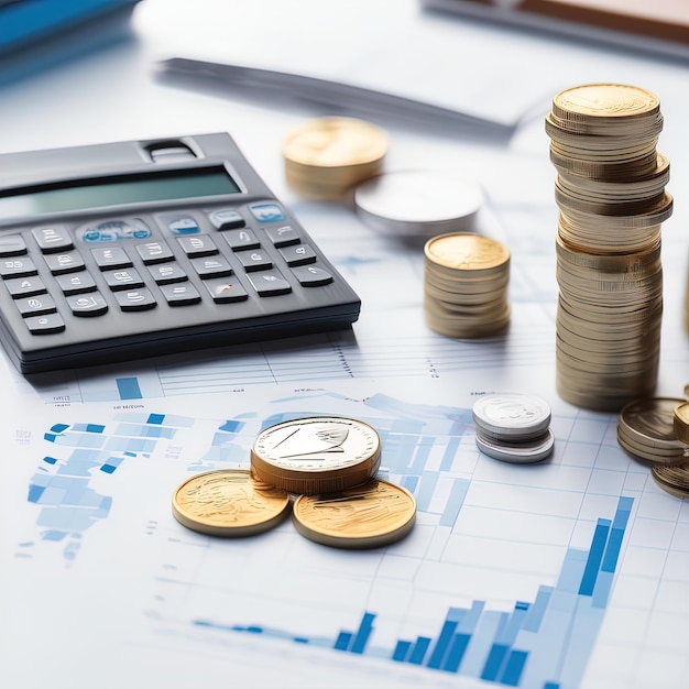 koncepcja finansowa monet i koncepcja biznesowa kalkulatoraTło biznesowe z wykresem finansowym