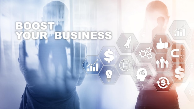 Koncepcja finansowo-technologiczna Na wirtualnym ekranie napis Boost Your Business