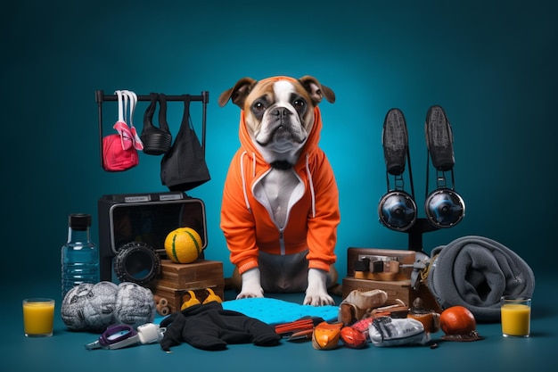 Koncepcja fitnessu dla zwierząt domowych, sportu i stylu życia zabawny pies w odzieży sportowej w treningu portret w studiu surro