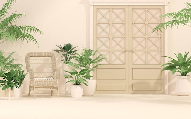 Koncepcja Fotela I Rośliny Z Cieniem Przeciwsłonecznym W Monochromatycznym Pastelowym Beżowym Kolorze Renderowania 3d