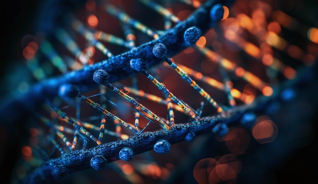 Koncepcja genetyki i nauk medycznych błyszczące cząsteczki DNA kolorowe tło Badania genetyczne bio