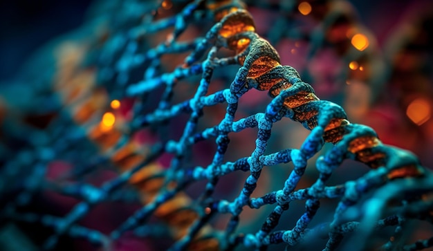 Zdjęcie koncepcja genetyki i nauk medycznych błyszczące cząsteczki dna kolorowe tło badania genetyczne bio