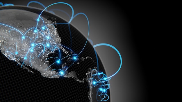 Zdjęcie koncepcja globalizacji i komunikacji renderowanie 3d ziemi i promieni świetlnych