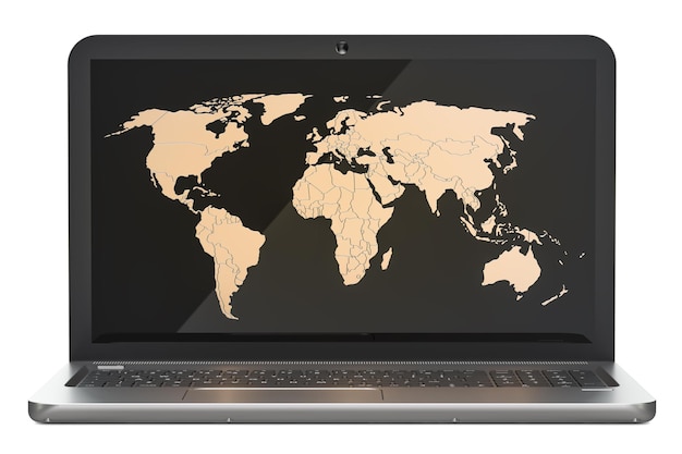 Koncepcja globalnego połączenia sieciowego Mapa Ziemi na ekranie renderowania 3D notebooka