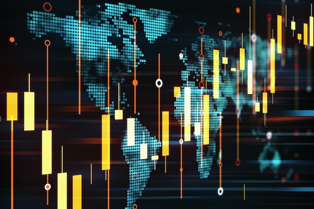 Koncepcja globalnej gospodarki i giełdy ze świecącymi cyfrowymi wykresami finansowymi na ciemnym tle z renderowaniem 3D mapy świata
