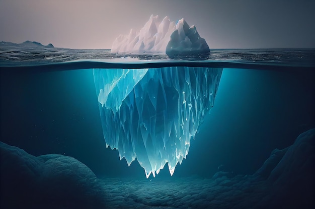 Koncepcja góry lodowej podwodne ryzyko ciemne ukryte zagrożenie lub koncepcja niebezpieczeństwa Generatywna sztuczna inteligencja