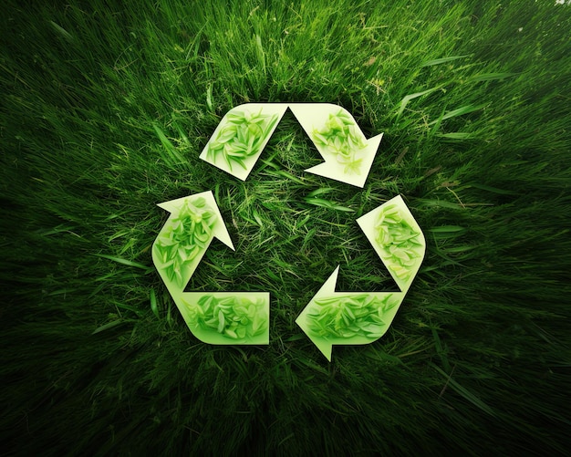 Koncepcja gospodarki o obiegu zamkniętym z zielonymi strzałkami i symbolem recyklingu na tle trawy na zawsze