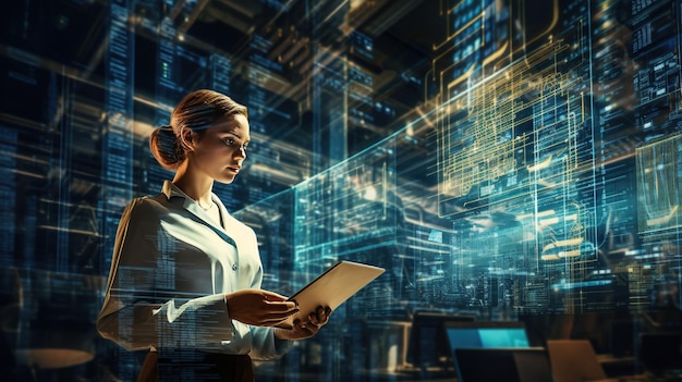 Koncepcja grafiki 3D Big Data Center Kobieta dyrektor ds. technologii za pomocą laptopa stojącego w magazynie