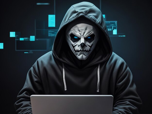 Koncepcja hakera i szkodliwego oprogramowania Niebezpieczny haker z kapturem używający laptopa z interfejsem cyfrowym z kodem binarnym