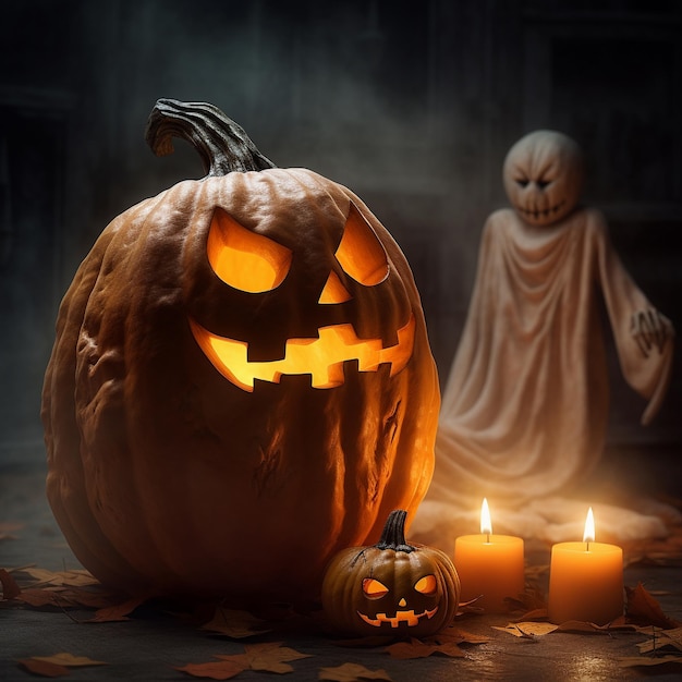 Koncepcja Halloween Straszna dynia i duchy bawią się razem w cukierek i psikus na ciemnym tle