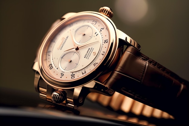Koncepcja handlowa luksusowego męskiego zegarka, wykonana na zamówienie w kolorze złotym na ciemnym tle, przetworzona generatywnie AI