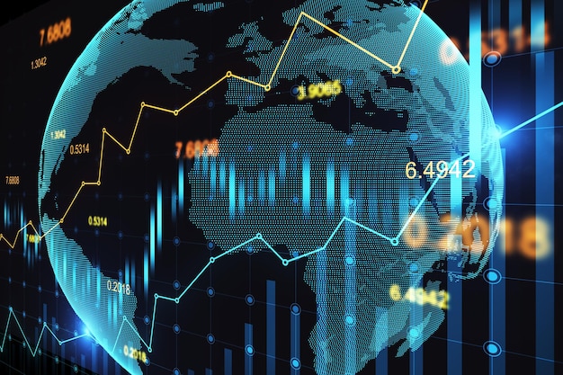 Koncepcja handlu międzynarodowego i analityki giełdowej z cyfrowymi rosnącymi wykresami finansowymi i wskaźnikami statystyk na tle mapy świata Renderowanie 3D