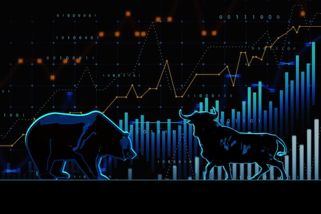 Koncepcja handlu na giełdzie Byki i niedźwiedzie walczą Ilustracja rynku akcji Kreatywny hologram i wykres na ciemnym tle Renderowanie 3D