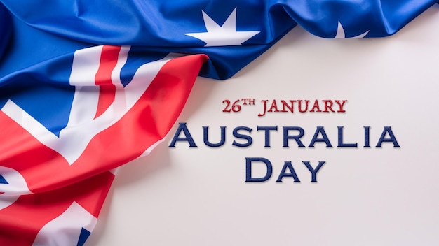 Koncepcja Happy Australia Day Australijska flaga i tekst na białym tle 26 stycznia