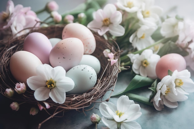 Koncepcja Happy Easter z jaja wielkanocne w gnieździe i wiosennych kwiatów na jasnym tle Tło wielkanocne z miejsca kopiowania