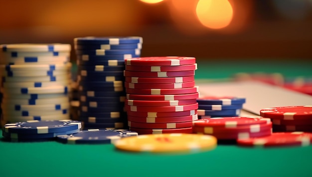 Koncepcja hazardu i rozrywki z fortuną z bliska żetonów kasynowych na zielonej powierzchni stołu