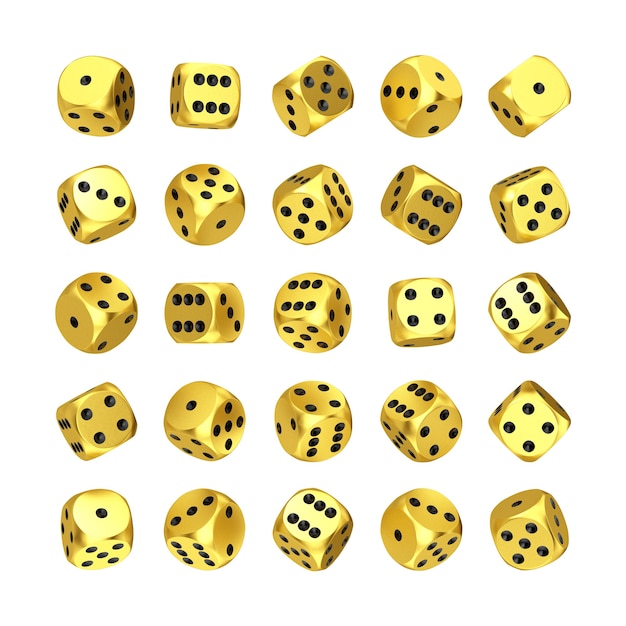 Koncepcja hazardu w kasynie. Zestaw kostek Golden Game Dice w Differetn pozycji na białym tle. Renderowanie 3D