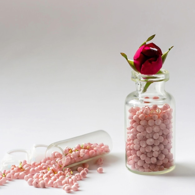 Koncepcja homeopatyczna Różanko w przezroczystej kolbie i ziarna homeopatyczne na białym tle