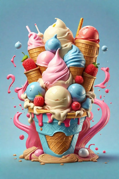 Koncepcja ikony letniej lody Lody w stożku waflowym z rozpryskami ilustracja 3d