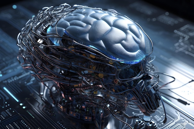 Koncepcja ilustracji 3D AI przyszłości inteligentny i świecący mózg cyborga w cyberprzestrzeni Głębokie sieci neuronowe czat boty i zaawansowane uczenie maszynowe AGI Generative Ai