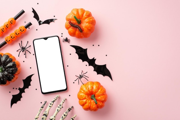 Koncepcja imprezy Halloween Widok z góry zdjęcie dyni smartfon słomki koktajlowe sylwetki nietoperza szkieletowa ręka pająki stonoga i konfetti na odizolowanym pastelowym różowym tle z copyspace