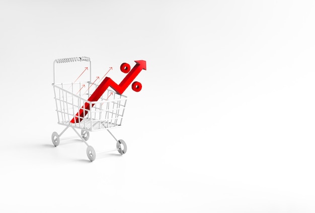 Koncepcja inflacji 3D Czerwone rosnące strzałki z procentową ikoną w białym wózku na zakupy wózek na białym tle na białym tle minimalny styl Rosnąca cena Kryzys gospodarczy wzrost kosztów utrzymania