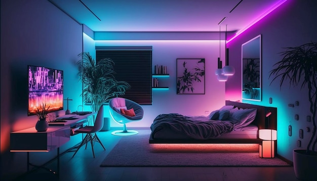 Koncepcja inteligentnego domu z neonowym światłem Nowoczesna sypialniaGenerative AI