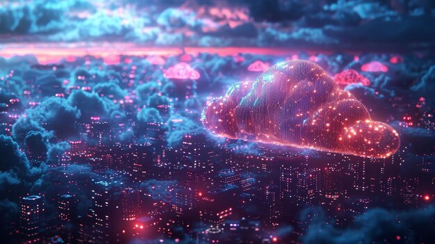 Zdjęcie koncepcja internetu rzeczy dla inteligentnego miasta bezprzewodowa komunikacja internetowa w inteligentnym mieście z przechowywaniem w chmurze i usługami chmurowymi dane są pobierane i przesyłane na serwer chmura cyfrowa przez