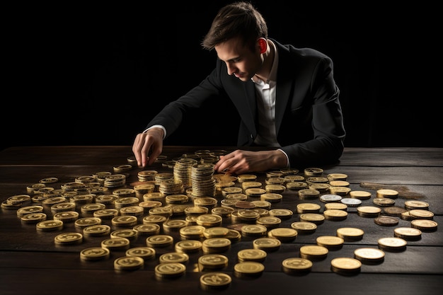 Koncepcja inwestycyjna Stok monet rosnący na drewnianym stole z tłem bokeh Człowiek umieszczający złote monety na tablicy reprezentującej wiele strumieni dochodów AI generowane