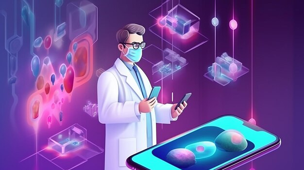 Koncepcja izometryczna telemedycyny online Konsultacje medyczne i leczenie za pomocą aplikacji połączonej z notebookiem kliniki internetowej Generative AI