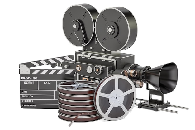 Koncepcja kina Clapperboard z rolkami filmowymi i renderowaniem 3D kamery filmowej