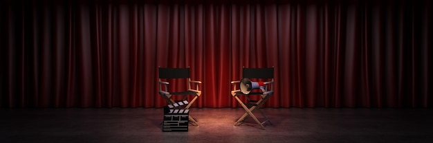 Koncepcja kina wideo Krzesło reżyserskie i renderowanie 3d klakieru filmowego