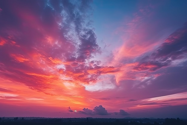 Koncepcja kolorowego nieba Oszałamiający zachód słońca z tętniącym życiem półmrokiem i chmurami w dramatycznym tle Generacyjna sztuczna inteligencja
