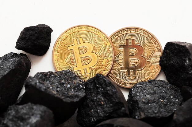Koncepcja kopania bitcoinów złota moneta kryptowaluty bitcoin z grudkami węgla