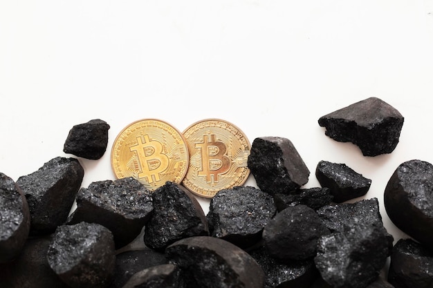 Koncepcja kopania bitcoinów złota moneta kryptowaluty bitcoin z grudkami węgla