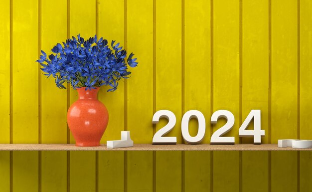 Koncepcja kreatywnego projektowania nowego roku 2024 z kwiatami 3d renderowanego obrazu